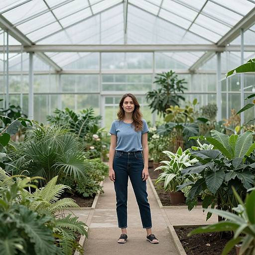 Confident Woman in Lush Greenhouse