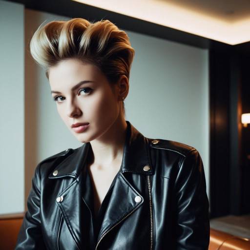 Woman with Modern Quiff Hairstyle in Leather Jacket Woman with Modern Quiff Hairstyle in Leather Jacket