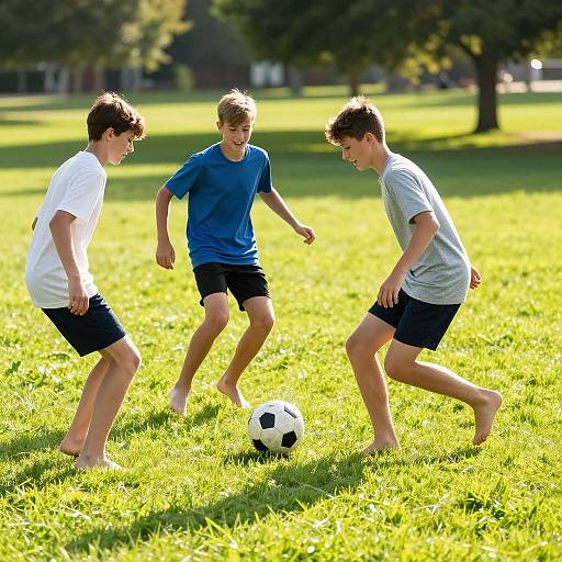 Three young boys playing soccer in a sunlit, green grassy park, wearing white, blue, and gray shirts, barefoot, chasing a black
