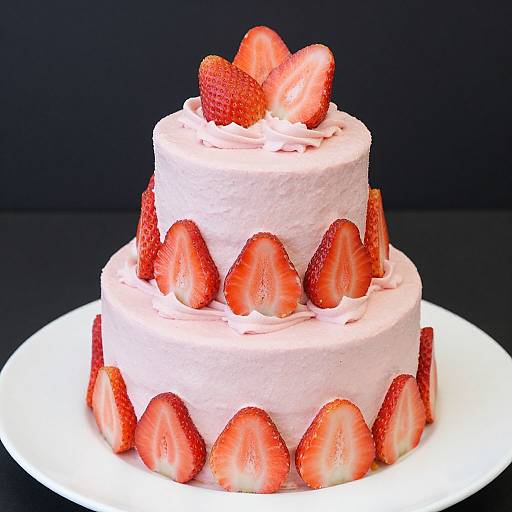 Photograph of a two-tiered white strawberry cake with pink frosting, topped and decorated with fresh, halved strawberries against a black background.