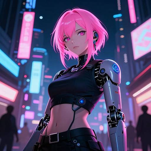 Neon-lit cyberpunk cityscape with a pink-haired, purple-eyed, robotic woman in a black crop top and arm cybernetics. Vibr