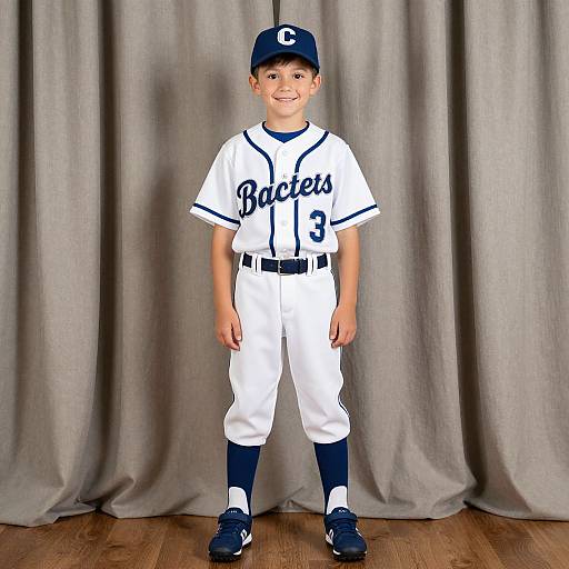Photograph of a smiling young boy in a white Boston baseball uniform with blue accents, standing against gray curtains on wooden floor.