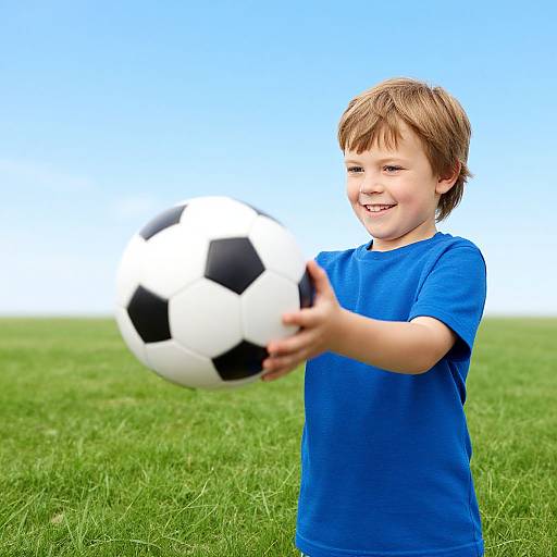 Photograph of a smiling young boy with light brown hair, wearing a blue shirt, kicking a black-and-white soccer ball on a green grass field under