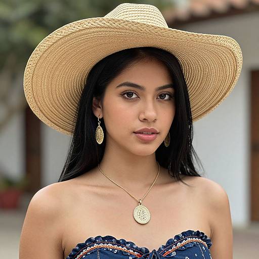 Photograph of a young Latina woman with long black hair, wearing a straw hat, blue lace strapless top, gold earrings, and necklace, standing