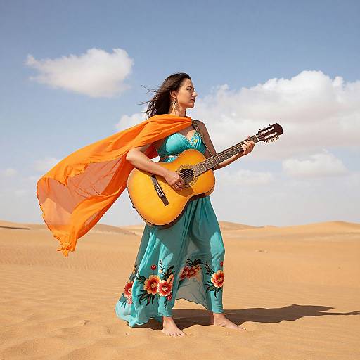 Photograph of a woman with dark hair, wearing a turquoise dress and orange scarf, playing an acoustic guitar in a bright desert under a clear blue sky