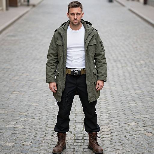 Photograph of a muscular man with short brown hair, wearing a green military-style coat, white t-shirt, black pants, and brown boots, standing