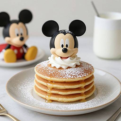 Photograph of a stack of pancakes with whipped cream and powdered sugar, topped with a Mickey Mouse figurine, blurred Mickey Mouse toy in background, white
