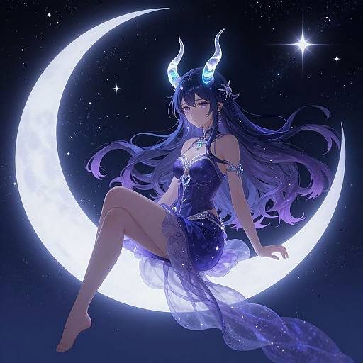 Digital anime artwork of a blue-haired demon girl with glowing horns, wearing a translucent dress, sitting on a luminous crescent moon in a starry