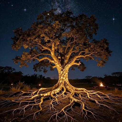 Photograph of a large tree with illuminated roots against a starry night sky, surrounded by dark grassland and small fires in the background.