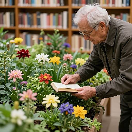 Elderly man with white hair and glasses reads in a vibrant garden filled with colorful flowers, surrounded by bookshelves. Photograph.