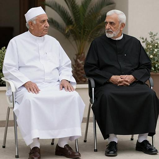 Two Elderly Men in Traditional Robes Sitting Outdoors