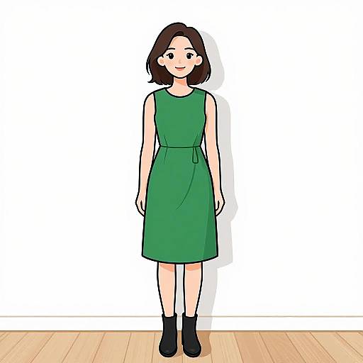 Digital drawing of a cute, smiling Asian woman with short black hair, wearing a green sleeveless dress and black ankle boots, standing on wooden floor against