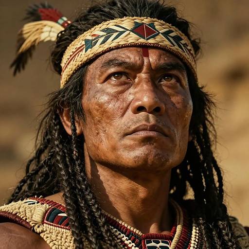 Photograph of a Native American man with tan skin, long black dreadlocks, traditional headband, and beaded necklace, gazing intently.