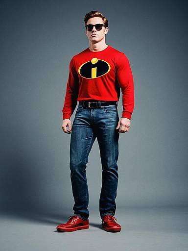 Man in Red Incredibles Shirt and Sunglasses