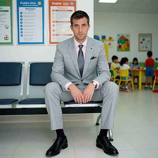 Photograph of a handsome man in a gray suit, black shoes, and white shirt, sitting on a metal bench in a brightly lit, colorful children