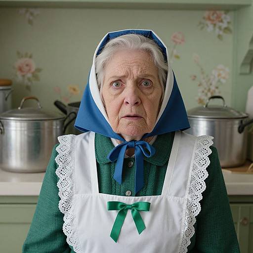 Photograph of an elderly Caucasian woman with white hair, wearing a green dress, white lace apron, and blue headscarf, standing in a