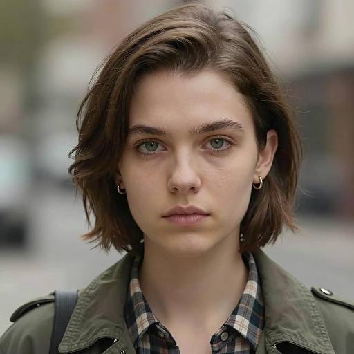 Serious Young Woman in Green Jacket