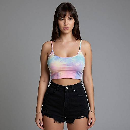 Photograph of a young woman with straight black hair, wearing a pastel tie-dye tank top and black high-waisted denim shorts, standing
