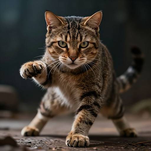 Photograph of a fierce, focused tabby cat with striking green eyes, mid-pounce, front paw raised, against a dark, blurred background.
