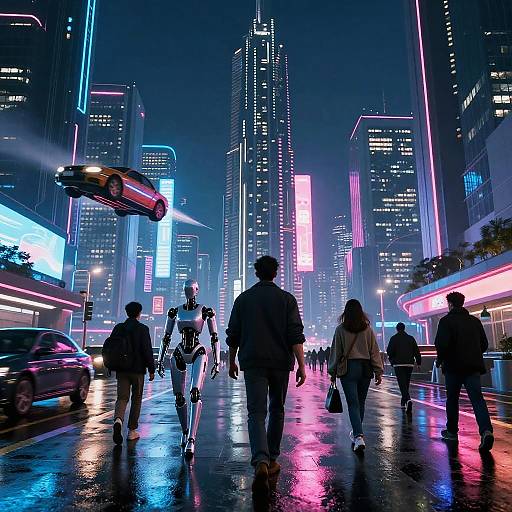 Neon-lit cyberpunk city street at night, wet pavement reflecting vibrant pink, blue, and white lights; people walking, hovercar above,