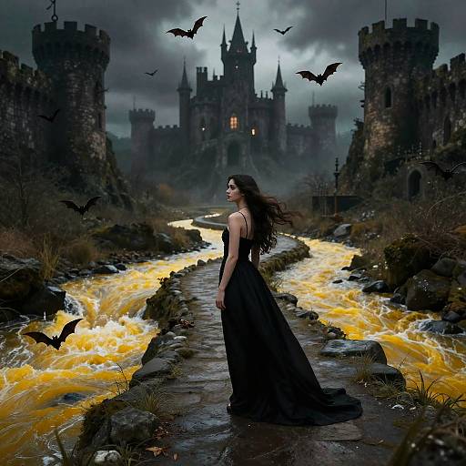 A dark-haired woman in a black gown stands on a rocky, glowing yellow river path, leading to a gothic castle surrounded by black bats and storm