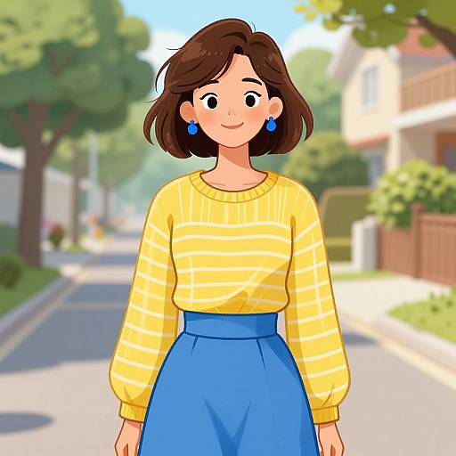 Digital cartoon of a smiling woman with short brown hair, yellow striped sweater, blue high-waisted skirt, blue earrings, standing on a sunny suburban