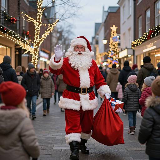 Photograph of Santa Claus in red suit, white fur trim, black belt, waving, holding red sack, street scene with festive lights, shoppers in