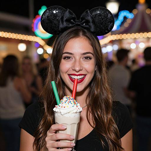 Photograph of a smiling young woman with long brown hair, wearing black Minnie Mouse ears, red lipstick, black shirt, and holding a cup with