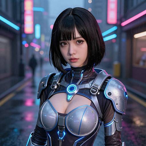 Digital art of a beautiful, pale-skinned woman with black bob haircut, wearing futuristic armor with glowing blue accents, standing in a neon-lit,