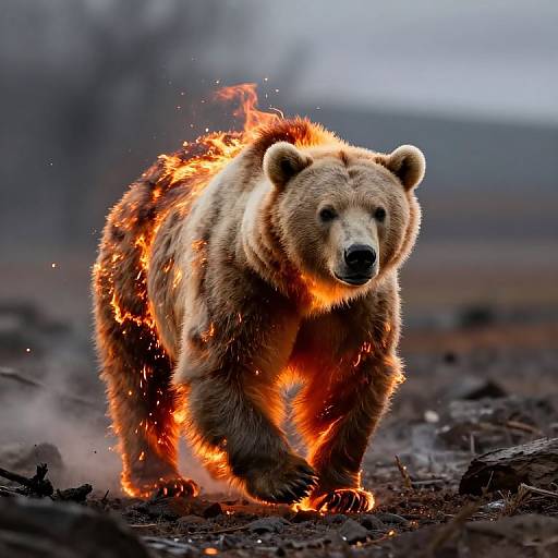 Photograph of a giant bear with fiery flames engulfing its fur, walking across a dark, smoky landscape, creating a dramatic, supernatural effect.