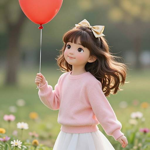 Photograph of a young girl with long brown hair, wearing a pink sweater and white skirt, holding a red balloon, in a sunny garden with colorful