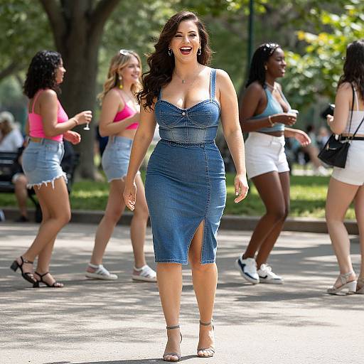 Photograph of a smiling, curvy woman with long dark hair in a blue denim dress and heels, walking in a sunny park, surrounded by casually
