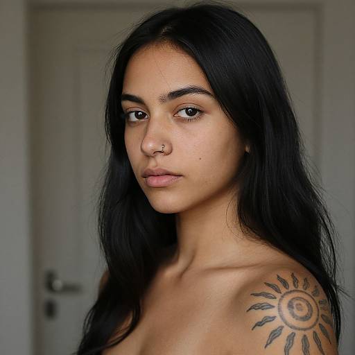 Photograph of a young woman with long black hair, tan skin, nose ring, and sun tattoo on shoulder, looking serious, against blurred white door