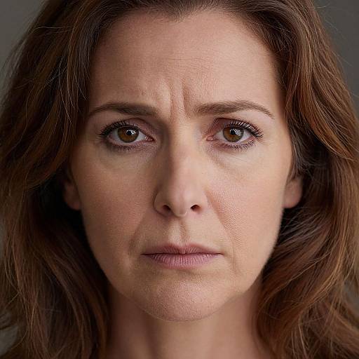 Close-up photograph of a serious-looking woman with light brown hair, fair skin, and brown eyes, against a dark gray background.