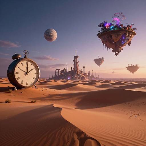 Digital art: A surreal desert landscape with a giant clock on sand dunes, floating islands, a planet, and a futuristic cityscape at sunset.
