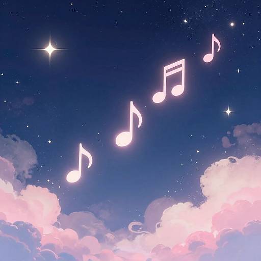 Digital artwork: Bright white musical notes float in a starry, twilight blue sky with pink and white clouds below.