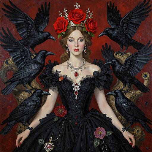 Surreal Woman with Rose Crown and Ravens