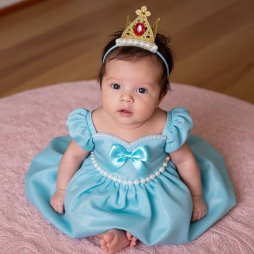 Photograph of a baby with fair skin, wearing a light blue satin princess dress, pearl trim, and a golden crown with a red gem, sitting