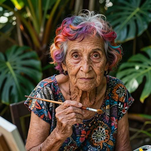 Photograph of an elderly woman with colorful, curly hair, wearing a floral patterned dress, holding a paintbrush, with lush green plants in the