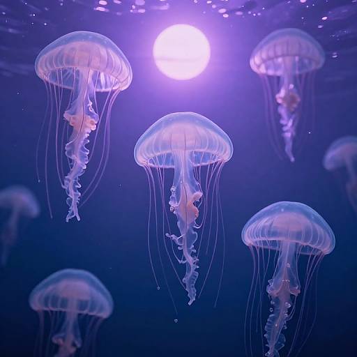 Photograph of glowing jellyfish with translucent, dome-shaped bodies and long, flowing tentacles, illuminated by a bright, purple-tinged moonlight