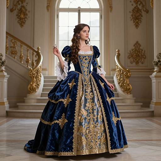 Photograph of a fair-skinned woman with long brown hair in an elaborate, deep blue, gold-embroidered Renaissance-style gown, standing in