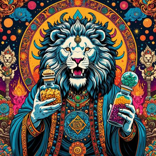 Psychedelic Anime Lion with Aphrodisiac Vials