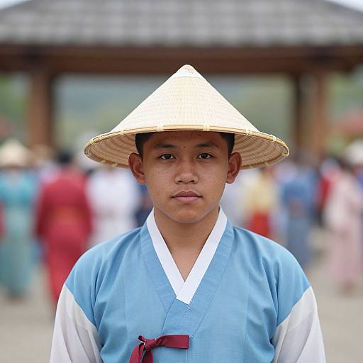 Photograph of a young Asian man with medium skin tone, wearing a traditional Vietnamese conical hat and blue áo dài, standing in a blurred outdoor festival