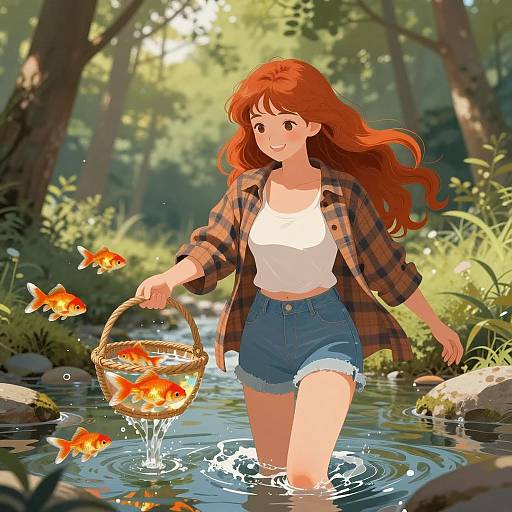 Joyful Woman in Forest Stream Illustration