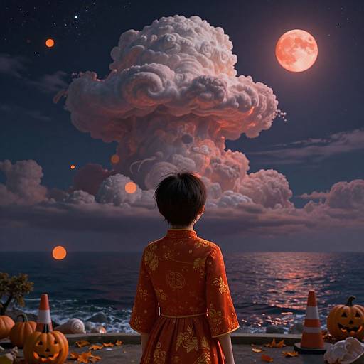Digital artwork: Child in red floral kimono gazes at a surreal moonlit sky with a large, glowing cloud and full moon, surrounded by pump