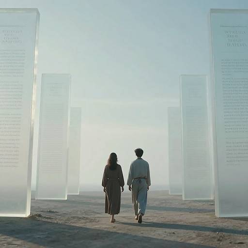 Photograph of two silhouetted figures, a woman and a man, walking away from glowing, translucent, vertical text panels in a misty