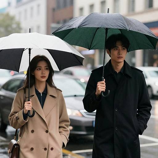 Rainy City Scene with Umbrellas