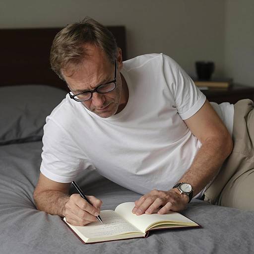 Focused Middle-Aged Man Writing in Bed