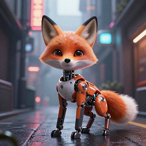 Playful Robotic Fox in Neon Alley