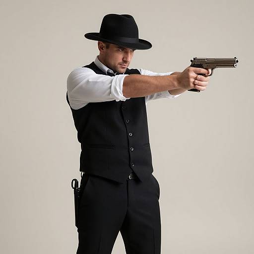 Photograph of a man in a black vest, white shirt, and bowler hat, aiming a gun with both hands, white background.